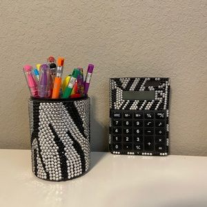 Pen and pencil holder with matching calculator